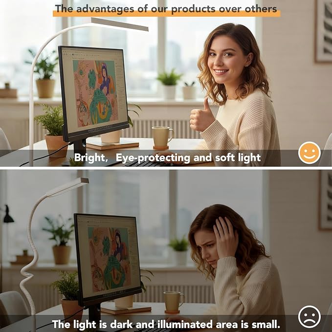 LED Desk Lamp with clamp, Remote Control Desk Lamp, 5 Color Modes & 10 Brightness Levels, 17'' Wide Light Bar, Eye Caring Gooseneck Desk Light, Adapter Included