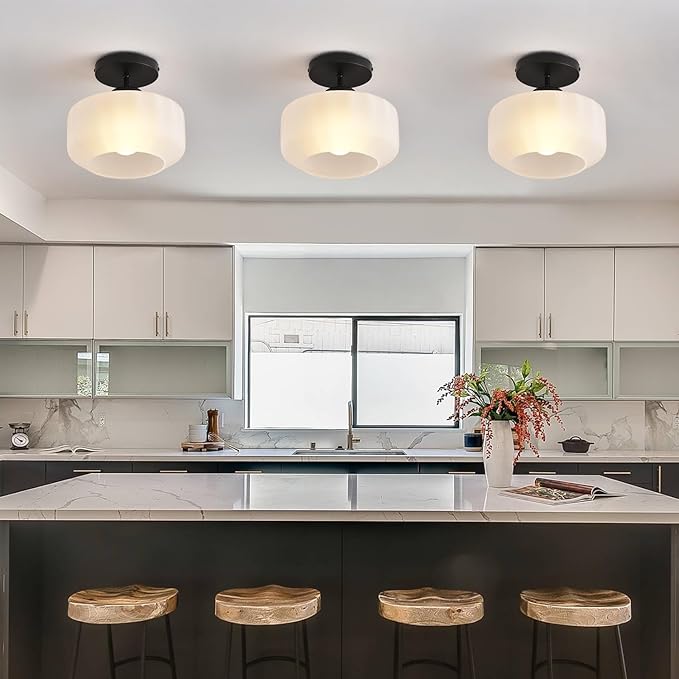 Industrial Black Matte Light Fixtures Ceiling Mount, with Frosted Glass Shades Semi Flush Mount Ceiling Light, for Hallway Fixtures Kitchen, Foyer