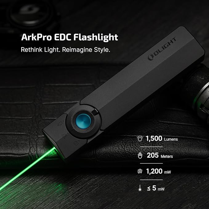 OLIGHT ArkPro EDC Flat Flashlight Rechargeable, Pocket Light, Black NW | Green Beam, White LED, UV Flashlight, 1500 Lumens Flash Light, USB-C Magnetic, Camping Lights for Emergency Work Outdoor Home