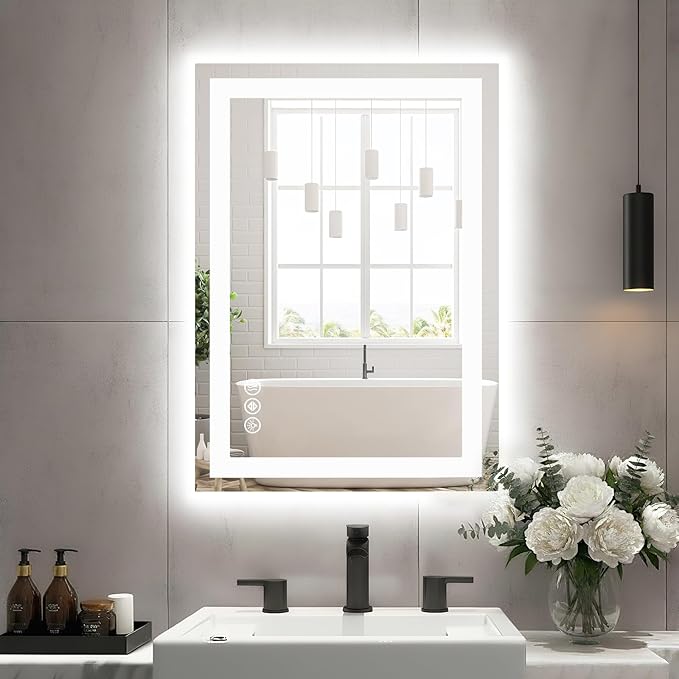 DUMOS 20"x28" 1Smart Anti-Fog LED Bathroom Mirror with Front Light & Backlit, 3 Color Temperatures, Dimmable, Memory Function, Rectangle Modern Vanity Mirror