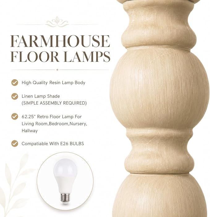 62" Farmhouse Floor Lamps for Living Room, Vintage Floor Lamp with Rotary Switch, 3-Color Adjustable Temperature Standing Lamp, Rustic Resin Tall Lamps for Living Room, Bedroom, Home Office, Corner