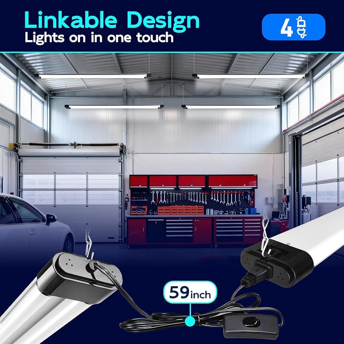 hykolity 4FT Linkable LED Shop Light,44W 4600LM 5000K Daylight,4 Pack | Plug-in Hanging/Surface Mount Utility Light, Daisy Chain Shop Lights for Garage,Workshop,Warehouse,Utility Room,Black