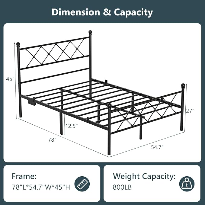 VINGLI Full Bed Frame with LED Lights & Charging Station, Metal Platform Bed Frame with Headboard, USB Ports, Under Bed Storage, Noise Free, No Box Spring Needed, Easy Assembly, Black