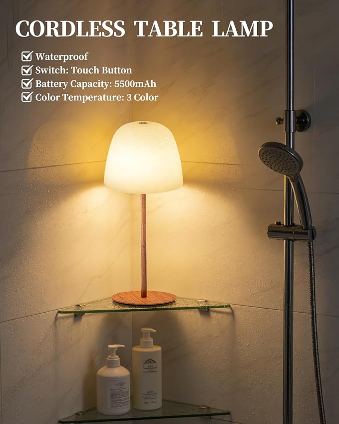 CHLORANTHUS Cordless Shower Lamp Waterproof, Cordless Lamp with 5500mAh Battery, Rechargeable Portable Lamp, Touch Dimmable Desk Light for Bathroom, Outdoor, Kitchen, Camping, Patio