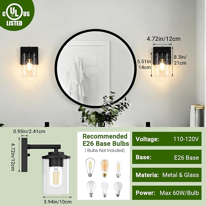 Wall Sconces Set of Two, Modern Bathroom Sconces with Clear Glass Shade, Matte Black Vanity Lights for Bathroom, Farmhouse Wall Light Fixtures for Mirror, Bedroom, Living Room