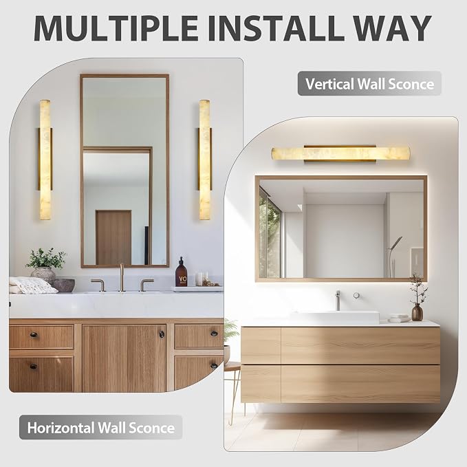 Brass Alabaster Wall Sconces, Spanish Natural Marble Wall Sconce, 36" Long Stone Wall Sconce Dimmable, Gold Alabaster Sconces Wall Lighting Indoor, Marble Wall Light for Bathroom, Living Room, 1PC