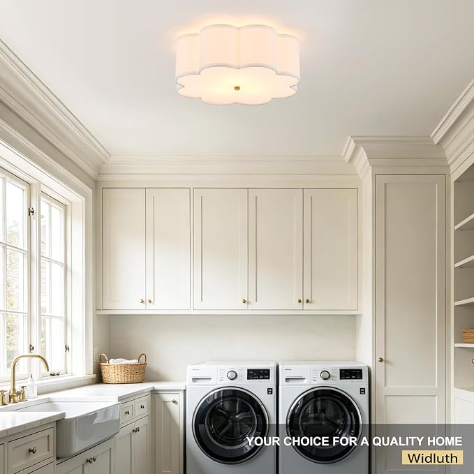 17.72" Gold Drum Ceiling Light, 3-Light Semi-Flush Mount | Linen Drum Shade, Gold Metal Frame, Modern Design for Laundry Rooms, Kitchens, Basements, and Bedrooms; E26 Base