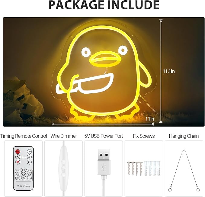 Duck Neon Sign for Bedroom Decor, Dimmble Cute Duck LED Neon Light | Funny Room Decor, Gamer Gift, Kawaii Aesthetic, Bedroom, Game Room, Man Cave, Mood Lighting, USB Powered, Premium Finish