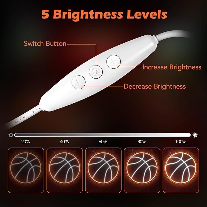 Basketball Neon Sign, Dimmable LED Basketball Neon Light, USB Powered Wall Decor for Bedroom, Kids Room, Man Cave, Game Room, Sports Party, Basketball Gifts for Fans