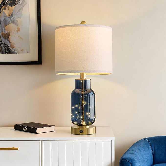 22" Glass Table Lamps Set of 2, Blue Modern Bedside Lamp with LED Night Light for Living Room, Nightstand Lamp with USB Ports for Bedrooms, Study Room, End Table(2 Bulbs Included)