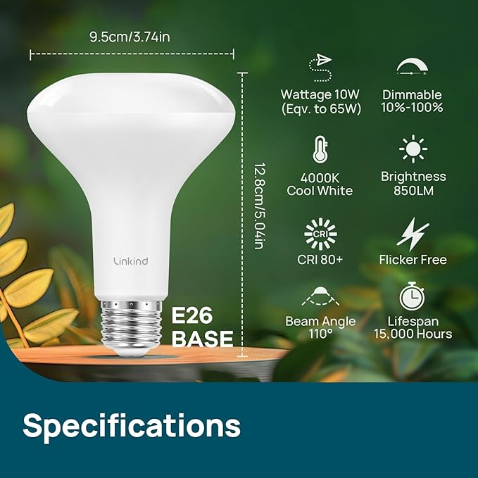 Linkind BR30 LED Flood Light Bulbs Indoor, 65W Equivalent Dimmable LED Recessed Bulbs, 10W 850 Lumens, 4000K Cool White E26 Base, Recessed Can Light Bulb for Bedroom Dining Room Bathroom, 12 Packs
