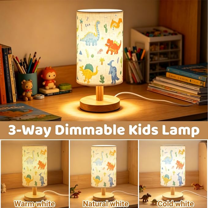 Dinosaur Lamp for Kids Bedrooms Bedside,Dinosaur Room Decor for Boys, 3-Way Dimmable LED Small Night Light with Linen Fabric Lampshade and Wood Base for Bedrooms Living Study,Dino Gifts for Boys