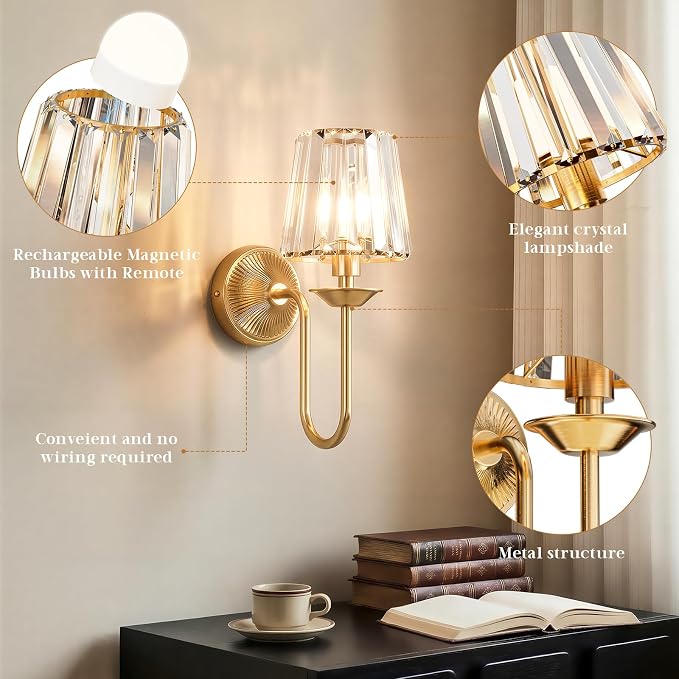 Gold Battery Operated Wall Sconces Set of Two, Crystal Wireless Rechargeable Wall Lights with Remote, Dimmable 3 CCT and 12 RGB Cordless Wall Lamps for Bedroom Living Room Hallway Decor