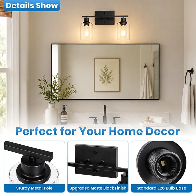 Ascher 2 Light Bathroom Light Fixture, Matte Black Bathroom Lighting Fixtures Over Mirror, Vanity Light with Clear Glass Shade, Wall Sconce for Living Room Bedroom Cabinet, E26 Base