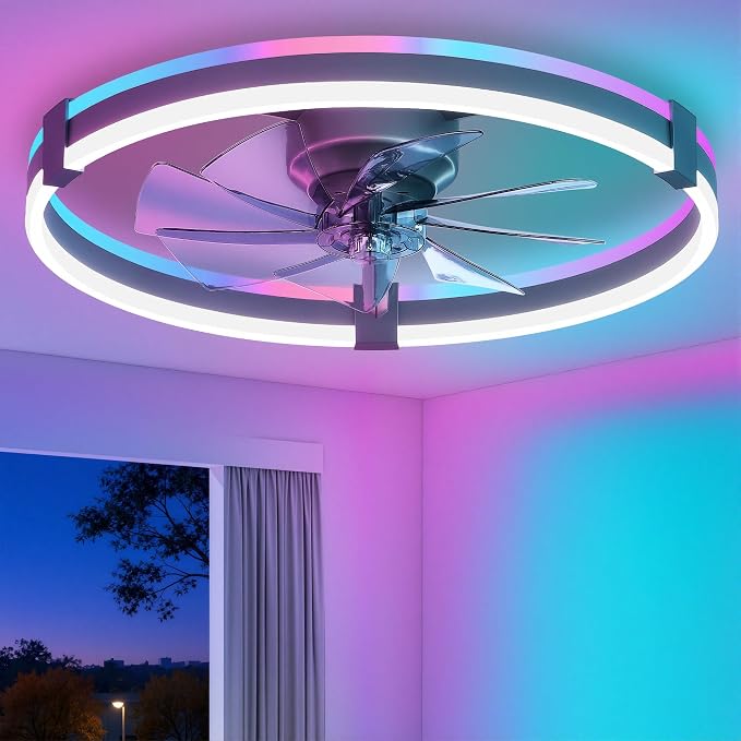 ZMISHIBO 23" RGB Low Profile Ceiling Fans with Lights and Remote, Grey | Custom RGB+3CCT Dimmable, 6 Speeds, Remote/App Control, Reversible DC Motor, Memory, Timer, Modern Fandelier for Kids/Bedroom
