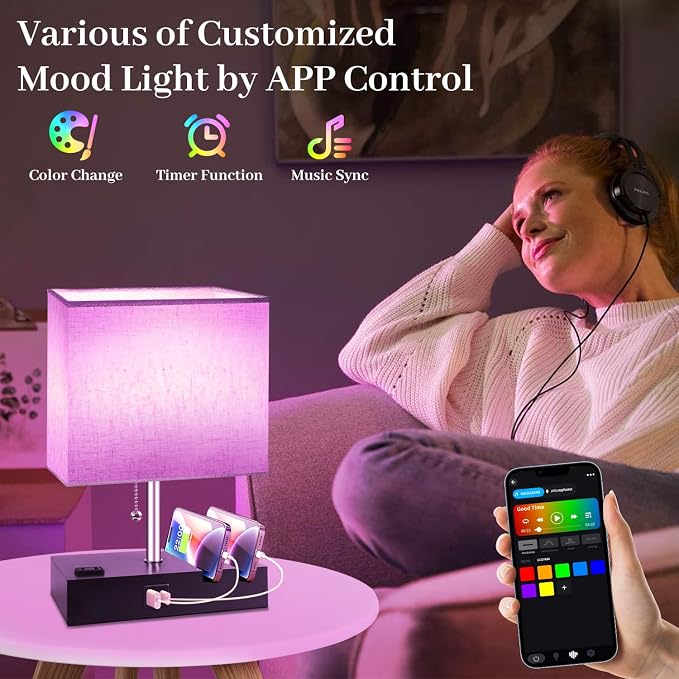 Smart RGB Dimmable Table Lamp Work with Alexa&APP&Remote Control, Beige | Bedside Desk Lamp with Charging Ports&Outlet&Phone Stand, Music Sync Nightstand Lamp for Bedroom Living Room Office Dorm