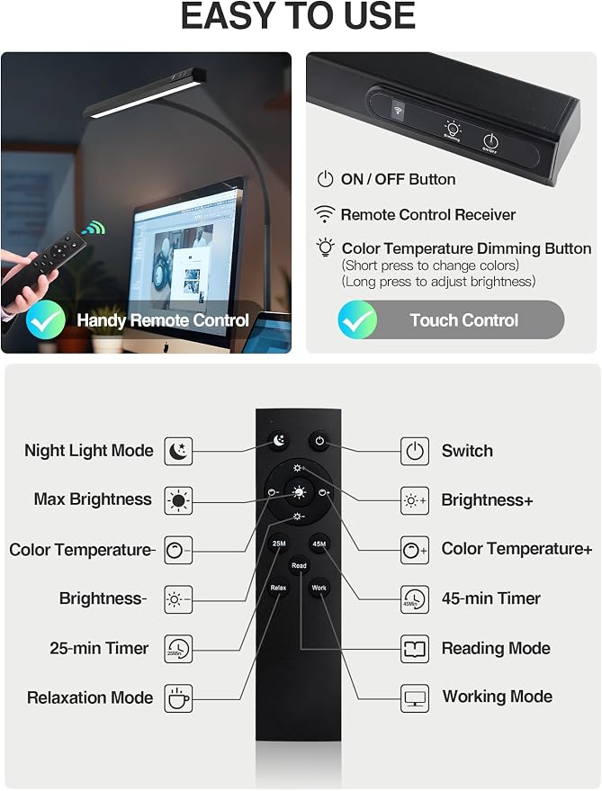 Desk Light,1000 Lumen Bright+5 Color+9 Brightness LED Desk Lamp with Remote | 12W Dimmable Monitor Light Bar with AUTO-Timer, USB Adapter Desk Lamps for Home Office, Study, Computer, Craft, Drawing Table