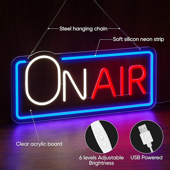 On Air LED Neon Sign, USB Powered Dimmable Decor Light for Music Recording Studio, Podcast Background, Bar Pub Club Garage, Home Party & Wall Decor, Perfect LED Gift (16.1" x 7.4")
