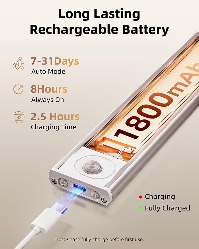 Under Cabinet Lights, Closet Lights Motion Sensored | 6-Pack, 1800mAh Rechargeable Battery, Wireless, Magnetic, Timer, 3 Color Temps, Kitchen, Closet