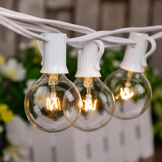 25FT Outdoor White String Lights with 27 G40 Clear Bulbs | Globe Patio String Lights for Indoor/Outdoor, Connectable Hanging Lights for Backyard Porch Balcony Party Decor - White Wire