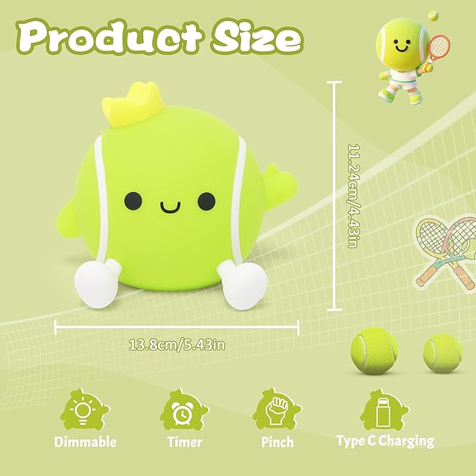 Tennis Gifts, Cute Tennis Ball Silicone Night Light, Touch Control & Timer, Suitable for Breastfeeding Reading Working Sleep for Baby Kids Teens Adults Tennis Lovers