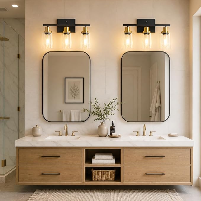 Ascher Bathroom Vanity Light Fixtures, 3 Light Wall Sconces Lighting with Clear Glass Shade, Black and Gold Wall Lights for Mirror, Kitchen, Living Room, Hallway, E26 Base (Bulbs Not Included)