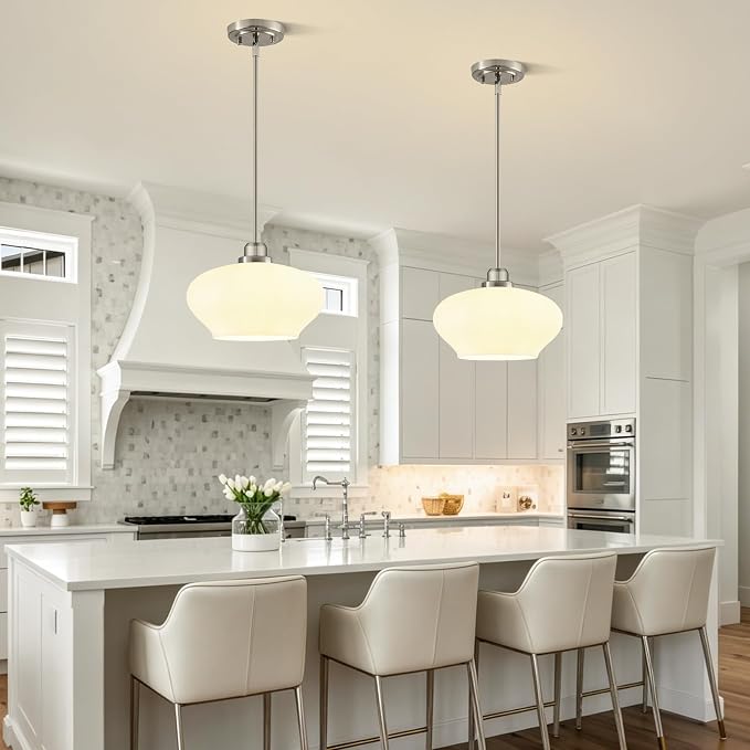 Modern Pendant Lights Kitchen Island, Brushed Nickel Pendant Light Fixtures with 11" Milk Glass Shade, Industrial Hanging Pendant Lights Fixture for Kitchen Island Dining Room Bedroom Hallway Entryway