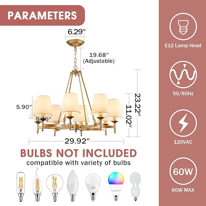 29.9inch 8-Light Gold Chandelier with White Linen Fabric Shade Large Farmhouse Ceiling Light Fixture Industrial Adjustable Hanging Pendant Light for Dining Room Living Room Kitchen Bedroom