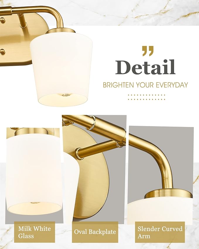 Brushed Gold Bathroom Vanity Light, Farmhouse Brass Sconces Wall Lighting with Milk White Glass, Champagne Bronze Light Fixture Over Mirror, AD-22004-2W-GD