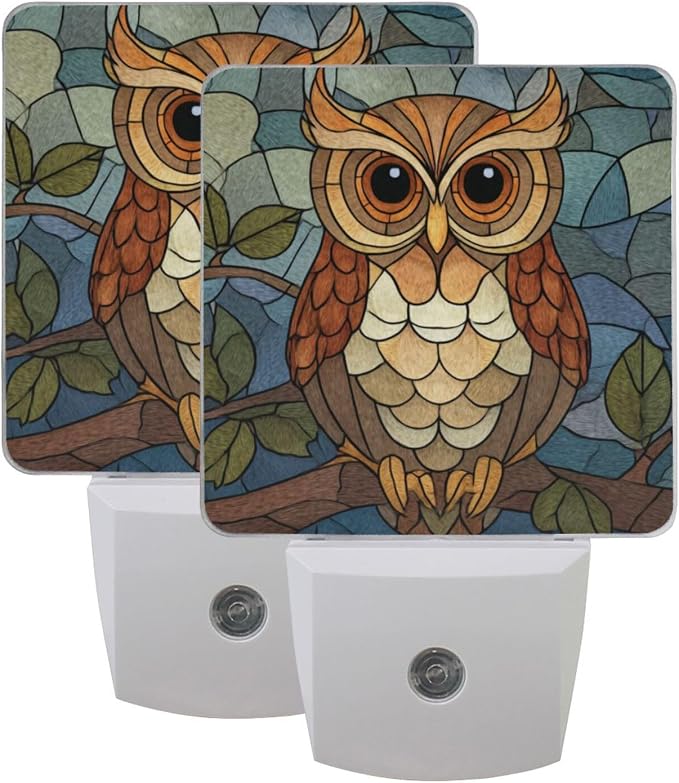 Colorful Owl Glass-Style Night Light Dusk to Dawn Sensor LED Night Dimmable Nightlight Lights Plug into Wall for Living Room