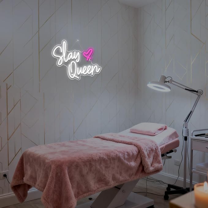 Slay Queen Neon Sign White Pink LED Neon Light Up Signs for Wall Decor Usb Neon Light for Bedroom Preppy Girl Aesthetic Room Dorm Decor Y2k Party Gifts