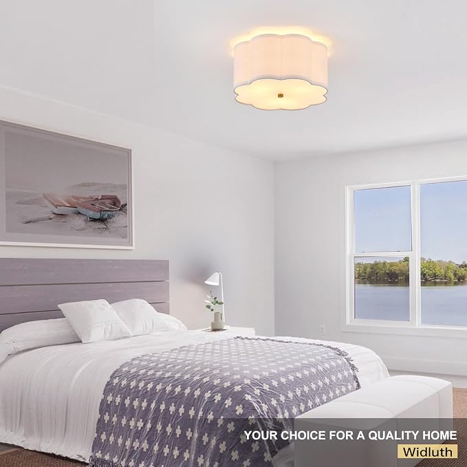 13" Gold Semi Flush Mount Ceiling Light, Linen 3-Light Fixture | White Linen Petal Shade, Modern Gold Style For Bedroom, Hallway,Dining, And Kitchen; Close-To-Ceiling, E26 Base, Easy Install
