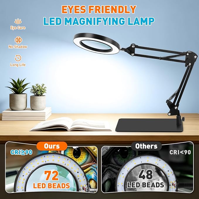 KIRKAS 12X Magnifying Glass with Light and Stand, 2-in-1 Real Glass Lens | Magnifying Desk Lamp with Clamp, 3 Color Modes Stepless Dimmable Magnifier Light for Repair, Reading, Craft, Sewing - Black