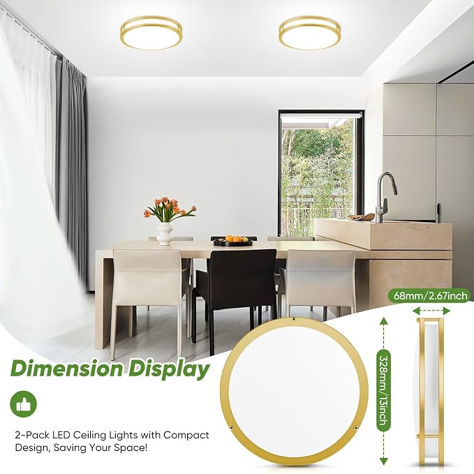 13 Inch Flush Mount Light Fixtures, 2-Pack Gold LED Ceiling Lights with 2700K/3000K/4000K/5000K/6500K 5 Color Temperatures, Modern Round LED Lights for Kitchen Bedroom Bathroom Living Room Closet