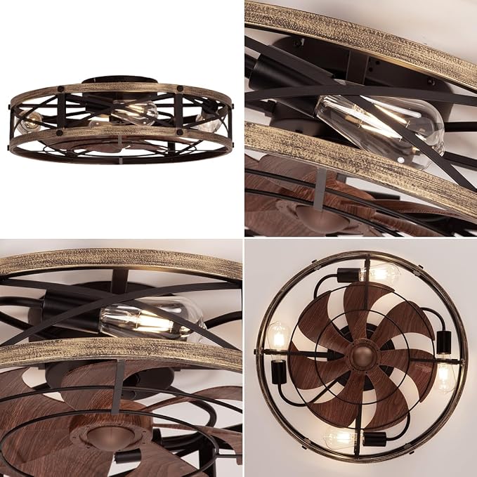 SHLUCE 22" Farmhouse Ceiling Fan with Light, Rustic Caged Bladeless Low Profile Ceiling Fans with Lights and Remote, Modern Flush Mount Ceiling Fans with Lights for Bedroom, Living Room - ETL