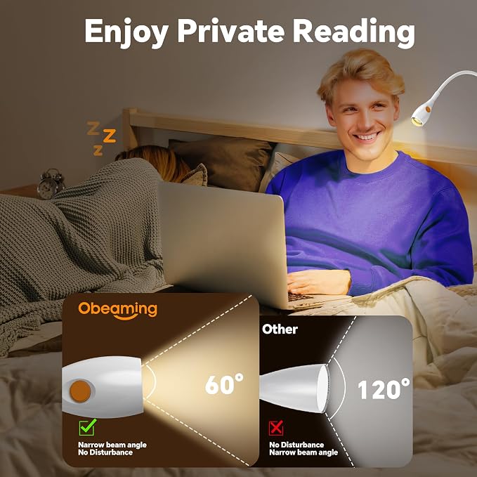 Wall/Headboard Mounted Reading Light with Lamp Head Switch | Minimalist Design, USB-C Powered, CRI 95+, 4000K + Amber Nightlight, 8–100% Dimmable,Metal Gooseneck,For Home Bedroom Bedside