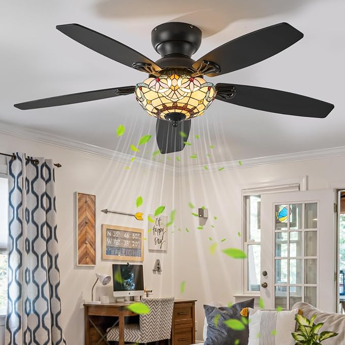 Tiffany Ceiling Fans with Lights-48"Ceiling Fan Chandelier and Glass Shade | 48" Ceiling Fan Chandelier with 5 Dual-Blades and Glass Shade, 6 Speeds and Reversible, Indoor and Outdoor, Retro Style