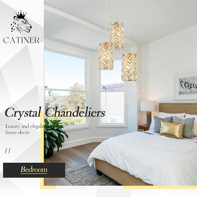 Gold Crystal Cluster Pendant Light, 3-Light Kitchen Island Hanging Light | 3-light gold crystal cluster pendant with adjustable height, E26 sockets, dimmable for kitchen islands and dining rooms