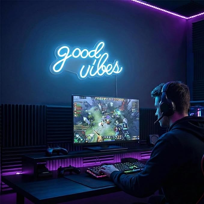DECANIT Good Vibes Neon Sign Ice Blue, Cool LED Light for Wall Decor, Game Room, Man Cave, Bar, Streamer Setup, USB Powered Gamer Gift, 16.1x8.3 Inch