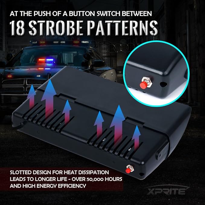Xprite Red LED Emergency Dash Strobe Light, Interior Windshield Safety Warning Firefighter Lights w/Suction Cups, 12V Windshield Visor Light Bar for Police Ambulance EMS Patrol Vehicles Fire Trucks