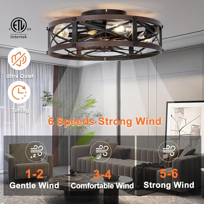 SHLUCE 19" Caged Low Profile Ceiling Fan with Light, Farmhouse Small Flush Mount Ceiling Fans with Lights and Remote, Rustic Bladeless Ceiling Fan with Light for Bedroom, Kitchen, Brown - ETL