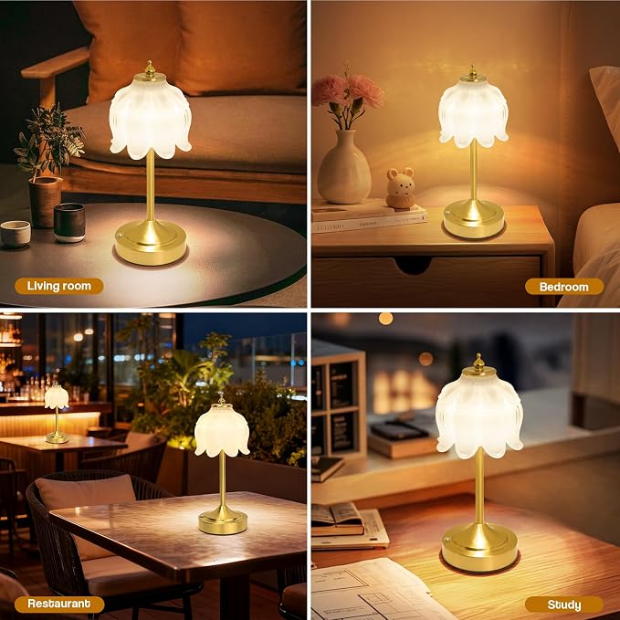 Cordless Table Lamp, Rechargeable White Glass Lotus Flower Lamp | 5200mAh touch lamp with 3 color modes and stepless dimming, battery operated lamp for nightstands and kitchen counters