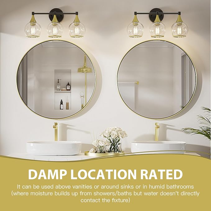 PAIHOME 3-Light Gold and Black Bathroom Vanity Light Fixtures Over Mirror | Painted, Anti-rust, UL-Certified, Elegant Globe Glass Shade, Modern Vintage, Easy to Install,Versatile Wall Decor Light