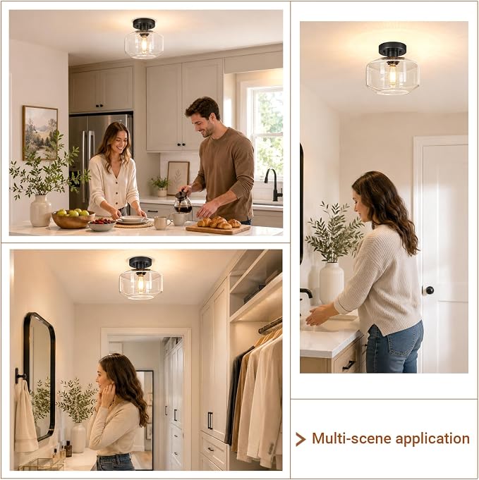 DSMJFU Black Semi Flush Mount Ceiling Light, Vintage Small Ceiling Light Fixture, Hallway Lighting Fixture with Bubble Glass, Kitchen Ceiling Mount Light for Entry Way, Bedroom, Bathroom