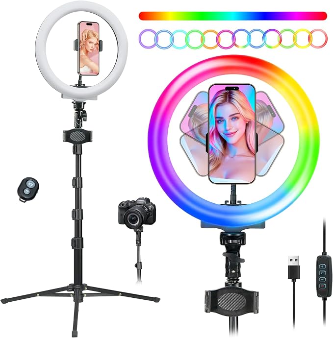 10" RGB Ring Light with 66'' Tripod Stands, 2 Phone Holder, Remote | 28 Color & 10 Brightness Level, Circle Ring Light for Live Stream, TikTok, YouTube, Makeup, Compatible with iPhone & Android