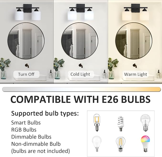 2-Light Matte Black Vanity Light, Modern Bathroom Light Fixtures Over Mirror, Vanity Light with Milky White Glass Shades, Farmhouse Black Wall Sconce, E26 Socket