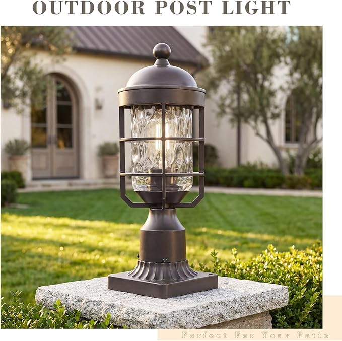 Emliviar 14.4 Inch Oil Rubbed Bronze Pole Lantern Lighting Fixture, Set of Two Water Ripple Glass Outdoor Light Posts for Patio and Pathway, GE255P-L-2 ORB-WG