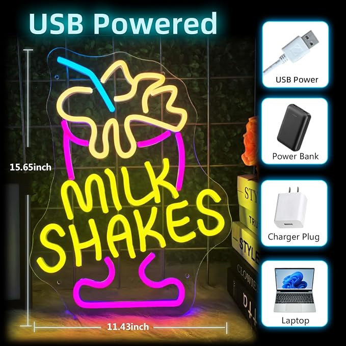 Milk Shakes Neon Sign, Colorful LED Ice Cream Light, USB Power | Dimmable Wall Decor Light-Up Signs for Dessert Shops, Restaurants, Bars, Fun Food Quote Neon Art Decoration for Room