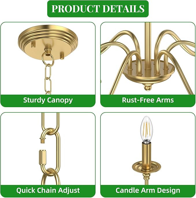 Rustic Farmhouse Candle Chandelier for Dining Room, 6-Light Rustic Black Iron Light Fixture with Classic S-Arm Design for Kitchen Island, Living Room, Foyer-Brass Gold