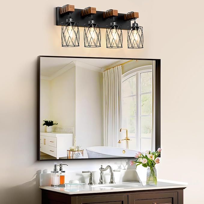 IZORRO Farmhouse Bathroom Vanity Light, 4-Light Wood Bathroom Light Fixtures Over Mirror, Black Industrial Vanity Lights with Metal Shade, Rustic Restroom Lighting Fixtures